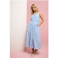 Yours Yours Damen Milchmädchenkleid in Blau aus Leinen mit Blümchenmuster in Größe 62-64 | Baumwolle/Viskose/Leinen