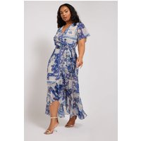Yours London Yours London Damen Wickelkleid in Blau mit Schalprint und Rüschen in Größe 44 | Polyester