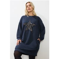 Yours Yours Damen Sweatshirtkleid in Marineblau mit Leoprint und Sternemotiv in Größe 48 | Baumwolle/Polyester