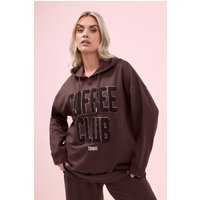 Yours Yours Damen Hoodie in Braun mit „Coffee Club“Schriftzug in Größe 48 | Baumwolle/Polyester