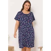 Yours Yours Damen Midaxi-Nachthemd in Marineblau mit Süßem Print in Größe 46-48 | Baumwolle