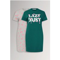 Yours Yours Damen Nachthemden in Grün mit „Lazy Daisy“Schriftzug, 2er Set in Größe 46-48 | Baumwolle/Polyester
