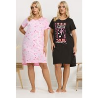 Yours Yours Damen Nachthemden in Schwarz mit Hinten Längerem Saum und dem Schriftzug „Amour Soleil“ 2Er Pack in Größe 46-48 | Baumwolle