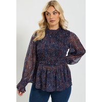 Yours Yours Damen Oberteil in Marineblau mit Paisleymuster und Gesmokter Front in Größe 46 | Polyester