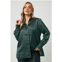 Yours London Yours London Damen Satinhemd in Grün mit Offenem Kragen in Größe 48 | Polyester