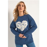 Yours Yours Damen Sweatshirt in Blau mit Gänseblümchenprint und Nieten in Größe 46 | Baumwolle/Polyester