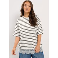 Yours Yours Damen T-Shirt in Elfenbeinweiß mit Streifen und Spitzensaum in Größe 46 | Baumwolle