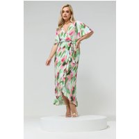 Yours London Yours London Damen Wickelkleid in Grün und Rosa mit Abstraktem Muster und Rüschensaum in Größe 58-60 | Polyester/Elasthan