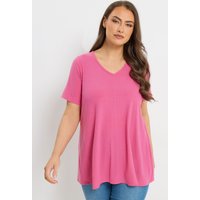 Yours Yours Damen Ausgestelltes Geripptes T-Shirt in Rosa mit V-Ausschnitt in Größe 58-60 | Polyester/Elasthan