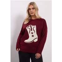 Yours Yours Damen Pullover in Burgunderrot mit Westernstiefelmotiv in Größe 50-52 | Acryl