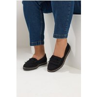 Yours Yours Damen Loafer in Schwarz aus Wildlederimitat mit Fransen in Breiter E-Passform in Größe 39E | Textil/Synthetik