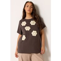 Yours Damen Yours – T-Shirt in Schokobraun mit Gänseblümchenapplikation in Größe 46 | Baumwolle