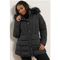 Yours Yours Damen Kurzer Steppmantel in Schwarz mit Kunstpelzbesatz in Größe 54-56 | Polyester