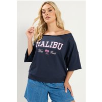 Yours Damen Yours – Schulterfreies Sweatshirt in Marineblau mit „Malibu“Schriftzug in Größe 48 | Baumwolle/Polyester