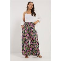 Yours Yours Damen Gekräuselte Hose in Schwarz mit Tropenprint und Weitem Bein in Größe 44 | Viskose