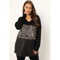 Yours Yours Damen Pullover in Schwarz aus Lederimitat mit Leoprint in Größe 58-60 | Elasthan/Viskose