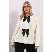 Yours Yours Damen Cardigan in Elfenbein aus Satin mit Schleife Vorne in Größe 46-48 | Acryl