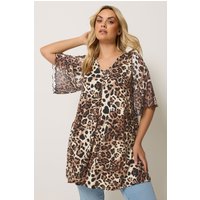 Yours Damen Yours – Oberteil in Braun mit Animalprint und Netzstoffärmeln in Größe 46 | Polyester/Elasthan/Viskose