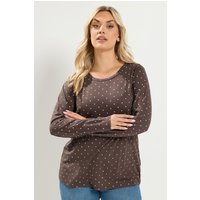 Yours Yours Damen Langarmshirt in Schokobraun mit Punktemuster in Größe 48 | Baumwolle/Polyester