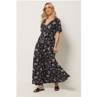 Yours Yours Damen Wickelkleid in Schwarz und Rosa mit Blumenmuster in Größe 46 | Polyester/Elasthan