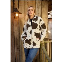 Yours Yours Damen Jacke in Naturbraun aus Teddyplüsch mit Kuhprint in Größe 54-56 | Polyester