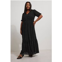Yours Yours Damen Gestuftes Maxikleid in Schwarz mit Lochstickerei in Größe 54-56 | Baumwolle