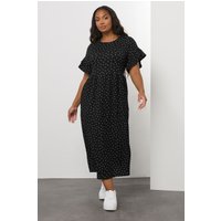 Yours Yours Damen Midaxi-Kleid in Schwarz mit Punktemuster und Rüschenärmeln in Größe 48 | Polyester/Elasthan