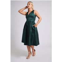Yours London Yours London Damen Plissiertes Midaxi-Kleid in Smaragdgrün mit V-Ausschnitt in Größe 48 | Polyester