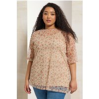 Yours Yours Damen Oversized Oberteil in Braun mit Blumenmuster aus Netzstoff Size 50-52 | Polyester/Elasthan