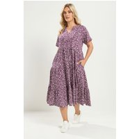 Yours Yours Damen Gestuftes Kleid in Lila mit Blumenmuster in Größe 48 | Baumwolle