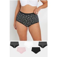 Yours Yours Plus Size Curve Slips in Schwarz und Rosa mit Schleifenprint, 5er Set in Größe 66-68 | Baumwolle/Elasthan