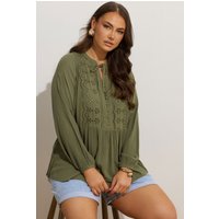Yours Yours Damen Bluse in Khaki mit Lochstickerei und Schleife am Ausschnitt in Größe 46 | Viskose