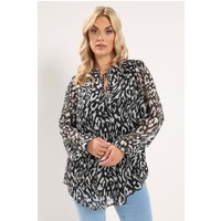 Yours Yours Damen Bluse mit Leopardenmuster in Schwarz mit Rüschenkragen in Größe 46 | Polyester