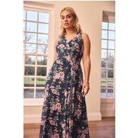 Yours London Yours London Damen Drapiertes Maxikleid in Marineblau mit Blumenmuster und Netzstoff in Größe 46 | Polyester/Elasthan