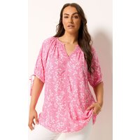 Yours Yours Damen Bluse in Rosa mit Blumenmuster und Kontrastierendem Besatz in Größe 50-52 | Baumwolle