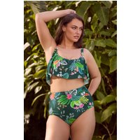 Yours Yours Damen Bikinioberteil in Grün mit Tropischem Muster und Rüschen in Größe 50 | Polyester/Elasthan