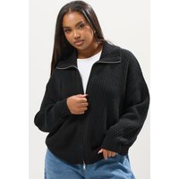 Yours Yours Damen Gestrickter Cardigan in Schwarz mit Kragen und Bomberjackenoptik in Größe 54-56 | Acryl