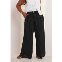 Yours Yours Damen Hose in Schwarz und Knitteroptik mit Geschnürter Taille und Weitem Bein in Größe 48 | Polyester