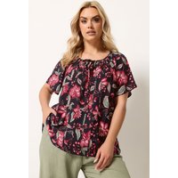 Yours Yours Damen Bluse in Schwarz mit Blumenmuster und Biesen in Größe 42 | Viskose