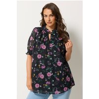 Yours Yours Damen Bluse in Schwarz mit Blumenmuster, Rüschen und Bindeband am Hals in Größe 54-56 | Polyester