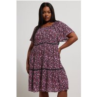 Yours Yours Damen Minikleid in Rosa mit Blümchenmuster und Schleife am Ausschnitt in Größe 48 | Viskose