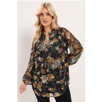 Yours Yours Damen Geblümte Bluse in Schwarz mit Metallicdesign und Rüschenausschnitt in Größe 46 | Polyester