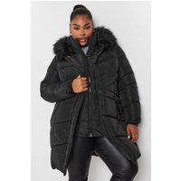 Yours Yours Damen Steppmantel in Schwarz mit Kunstpelzbesatz in Größe 46 | Polyester