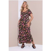 Yours Yours Damen Gestuftes Maxikleid in Schwarz mit Blumenmuster in Größe 54-56 | Elasthan/Viskose