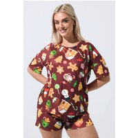 Limited Collection Limited Collection Damen Curve Weihnachtspyjamaset in Burgunderrot mit Pfefferkuchenmannmotiv in Größe 48 | Polyester/Elasthan