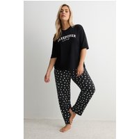 Yours Yours Damen Schwarze Pyjamahose mit Weitem Bein und Punkten in Größe 40-42 | Baumwolle