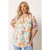Yours Yours Damen Geblümte Bluse in Weiß und Orang mit Rüschenausschnitt in Größe 50-52 | Polyester