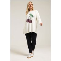 Yours Yours Damen Strickpullover in Creme mit Kirsche in Größe 58-60 | Polyester/Elasthan/Viskose