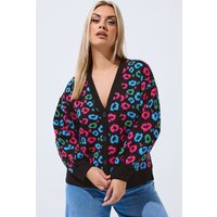 Limited Collection Limited Collection Damen Cardigan in Schwarz mit Leopardenmuster und Ballonärmeln in Größe 54-56 | Acryl
