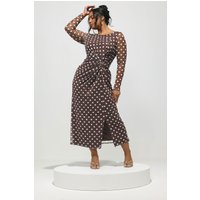 Yours London Yours London Damen Kleid in Schokoladenbraun mit Punkten und Knotendetail in Größe Petite 54-56 | Polyester/Elasthan